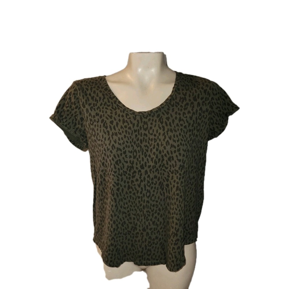 Loft Vintage Soft Olive Green Leopard Print Cotton Scoop Neck Tee Shirt‎ M